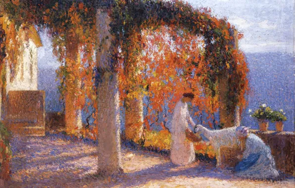 Autumn, picture, genre, Henri-Jean Guillaume Martin, Henri Matrin, The Arbour in Autumn with Two Women …