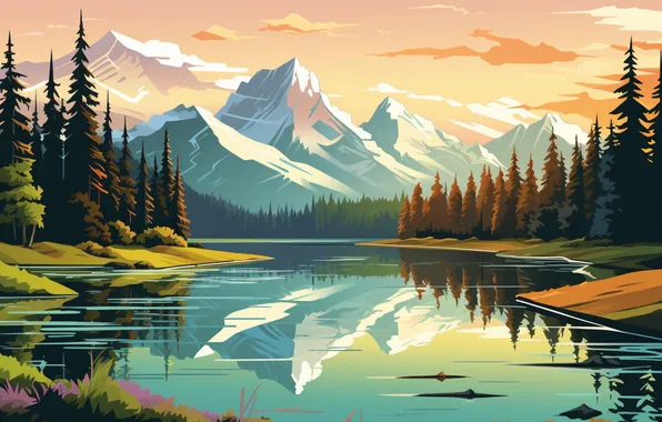Forest, the sky, clouds, landscape, mountains, reflection, shore, graphics
