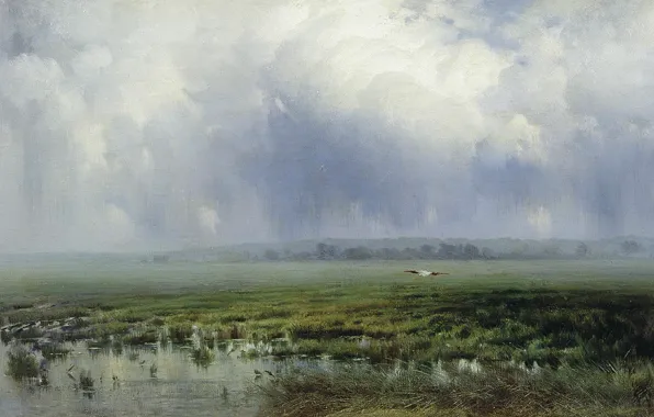 Clouds, landscape, bird, swamp, oil, picture, canvas, Constantine Kryzhitsky