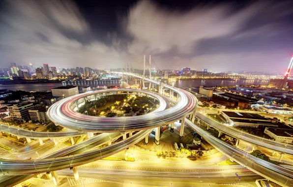 Picture landscape, night, lights, home, China, Shanghai, Nanpu Bridge