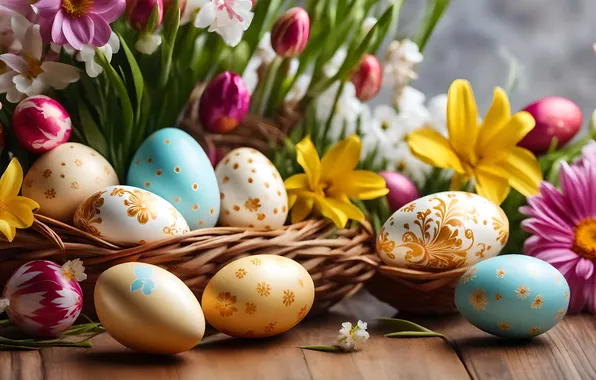 Flowers, eggs, spring, colorful, Easter, happy, flowers, spring