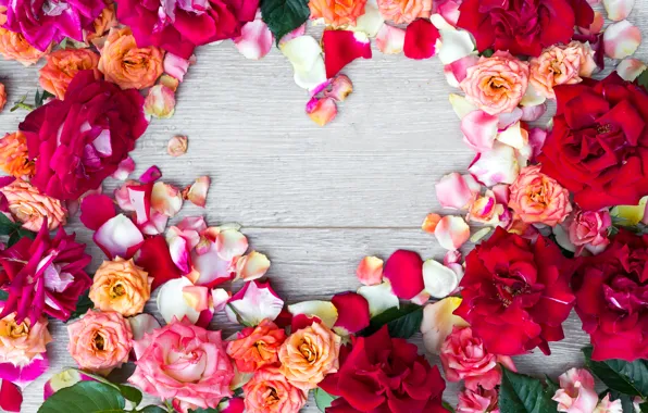 Picture flowers, heart, roses, colorful, heart, pink, flowers, romantic