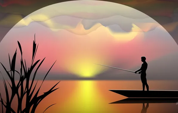 Sunset, boat, vector, fisherman, silhouette, rod
