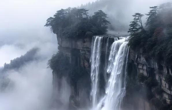 Picture trees, clouds, waterfall, mist, cliff, AI art