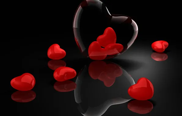 Picture reflection, hearts, black background, Valentine's day