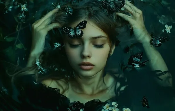 Butterfly, flowers, fantasy, girl, dark water, closed eyes, digital art, generated by AI