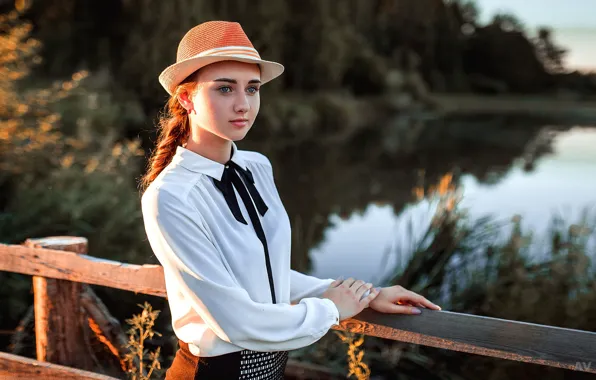 Picture look, water, bridge, Girl, hat, Aleksandr Suhar