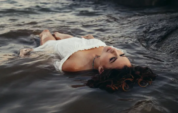 Picture water, girl, stones, dress, brunette, neckline, shoulders, curls