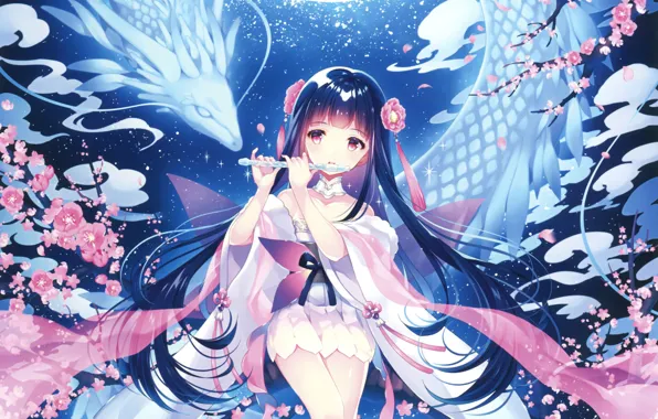 Girl, dragon, flute