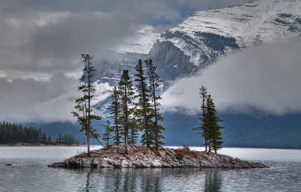 Clouds, snow, trees, mountains, lake, island