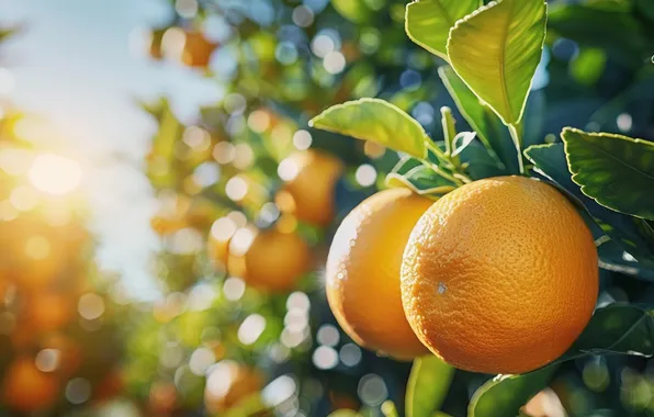 The sky, leaves, the sun, light, branches, oranges, garden, fruit