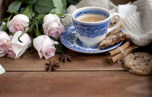 Picture coffee, roses, cookies, cinnamon