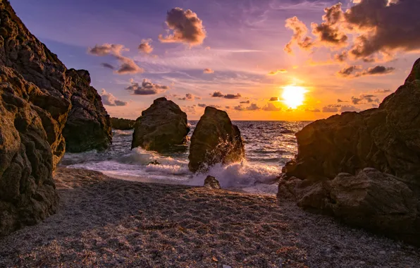 Picture sea, the sky, the sun, clouds, sunset, nature, stones, rocks