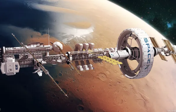 Ship, planet, station, Spaceship concept