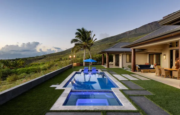 House, palm trees, pool, Hawaii, architecture, Hawaii, terrace, by Imagine-It Builders Corp