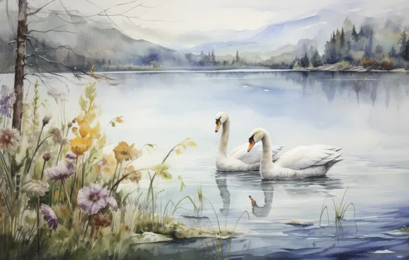 Forest, flowers, mountains, birds, lake, shore, watercolor, pair