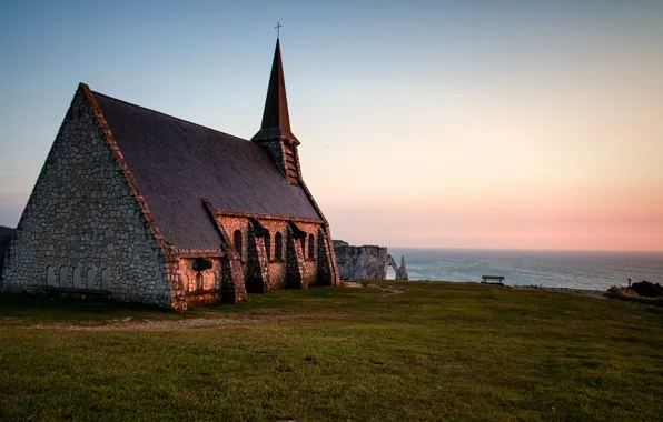 Picture sea, France, the evening, horizon, Normandy, Chapel of Our Lady of the Guard