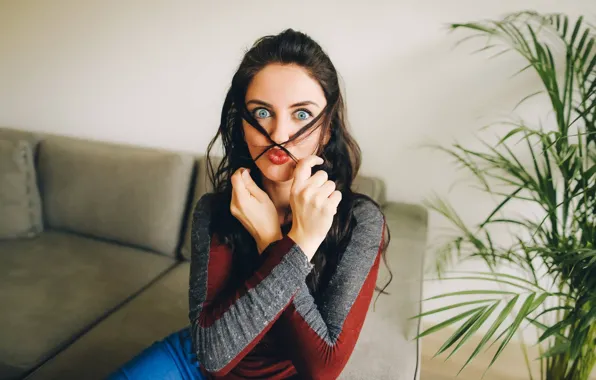 Girl, background, room, sofa, brunette, funny, fun, the expression