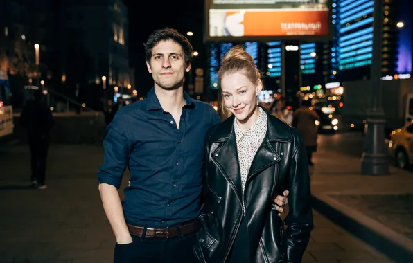Picture girl, night, smile, street, hugs, jacket, male, lovers