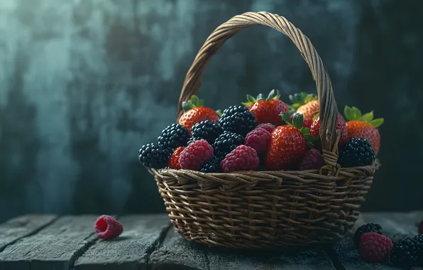 Berries, raspberry, Board, strawberry, grey background, basket, different, BlackBerry