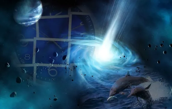 Space, fiction, collage, planet, watch, dolphins