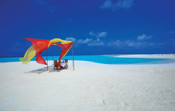 Beach, the ocean, romance, The Maldives, picnic, table, white sand