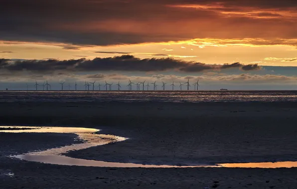 Sunset, shore, windmills, stranded