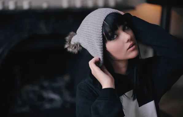 Girl, eyes, model, brunette, mellisa clarke, knit cap