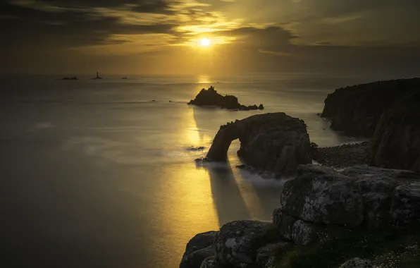 Sea, sunset, rocks, England, Cornwall
