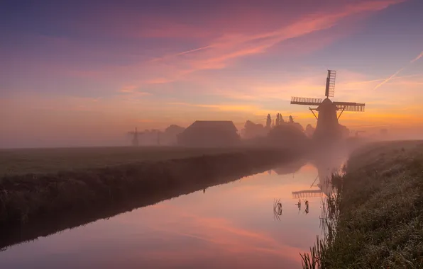 Field, sunset, dawn, channel, pond, Bank, windmill