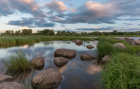 Grass, trees, landscape, nature, stones, Church, river