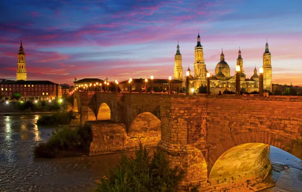 The sky, night, lights, Spain, stone bridge, Zaragoza, lions bridge, Basílica de Nuestra Señora del …