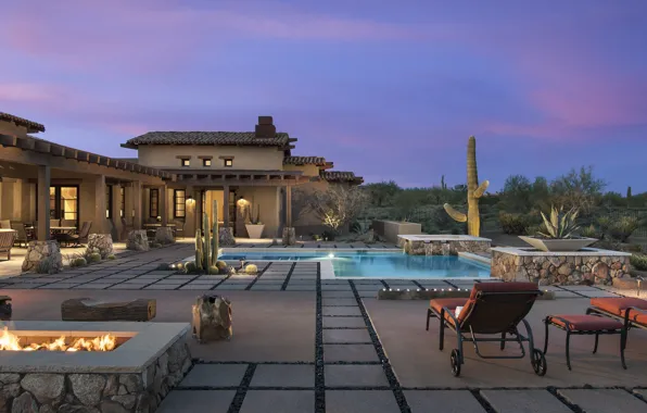 Villa, the evening, pool, lighting, AZ, cacti, architecture, Arizona