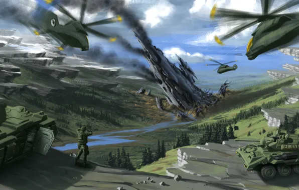 Picture mountains, war, helicopters, art, soldiers, tanks