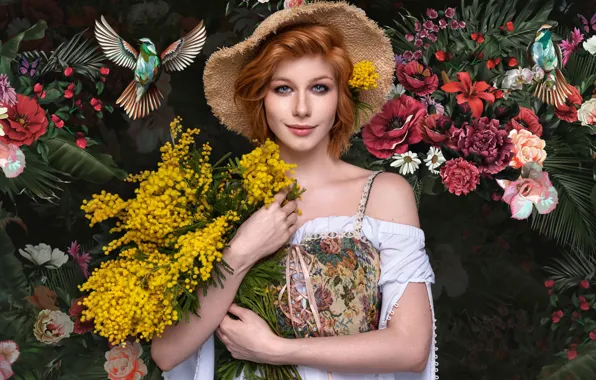 Picture look, girl, flowers, birds, face, hat, red, redhead