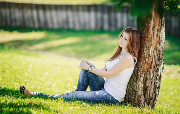 Picture grass, look, girl, nature, tree