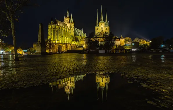 Night, reflection, Germany, area, Cathedral, Thuringia, Erfurt