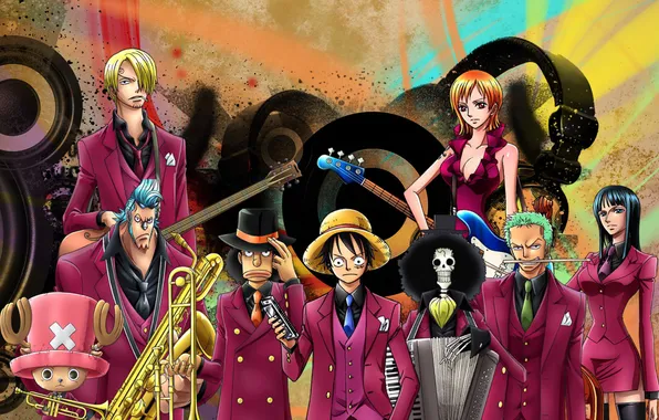 One Piece, musical instruments, straw hat, in suits