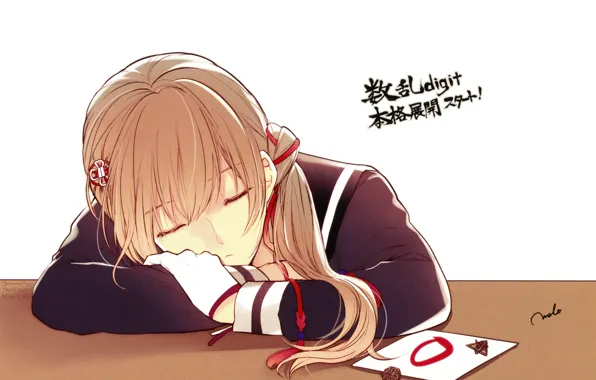 Sleep, school uniform, bangs, visual novel, sailor, red ribbon, Surah Of The Digit, by Melo