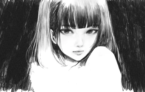 Face, black and white, bangs, portrait of a girl, pencil drawing, by Wataboku