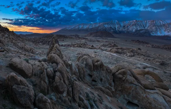 Sunset, mountains, stones, rocks, dal, twilight, canyons