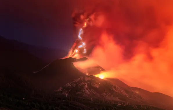 Mountains, fire, the volcano, the eruption, lava, the eruption of the volcano