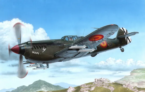 Picture war, art, airplane, aviation, paintin, Hispano HA 1112 M-1L Buchon