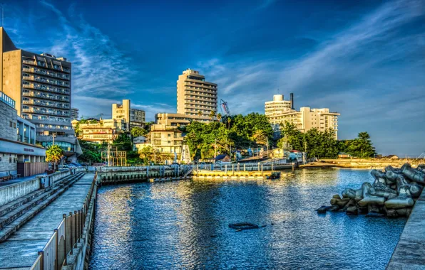 The sky, water, trees, HDR, home, Japan, pier, Sunny