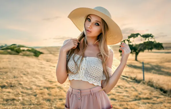 Picture look, the sun, nature, pose, model, skirt, portrait, hat