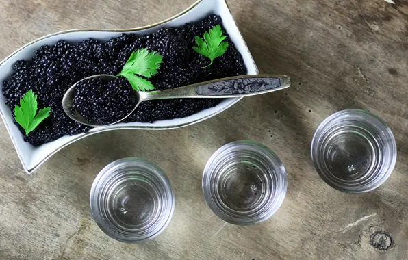 Spoon, vodka, caviar, seafood, seafood, caviar