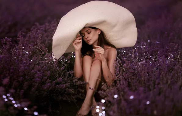 Girl, flowers, hat, lavender, Angelina Petrova