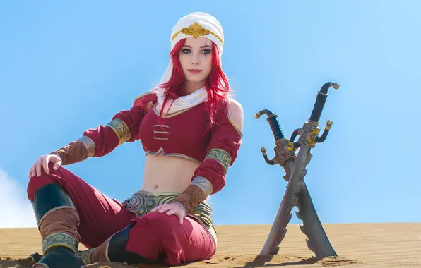 Model, women, redhead, cosplay, Katarina, belly, sitting, red lipstick