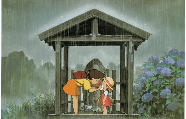 Roof, drops, children, hat, the shower, sisters, my neighbor Totoro, tonari no totoro