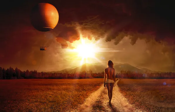 ROAD, GIRL, The SKY, FIELD, BALL, LIGHT, BASKET, RAYS